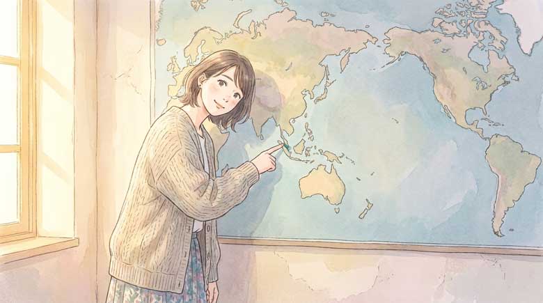 世界地図の前で首をかしげる日本人女性のイラスト
