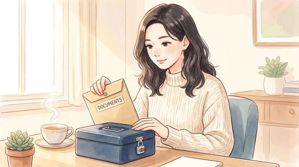 大切な書類を鍵付きのボックスにしまっている女性のイラスト