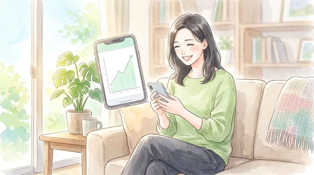グラフの数値が上昇していてほっとした表情の女性のイラスト