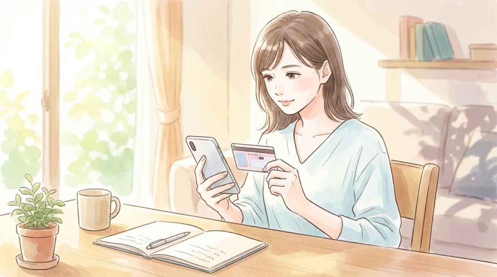 マイナンバーカードをスマートフォンにかざして手続きしている女性のイラスト