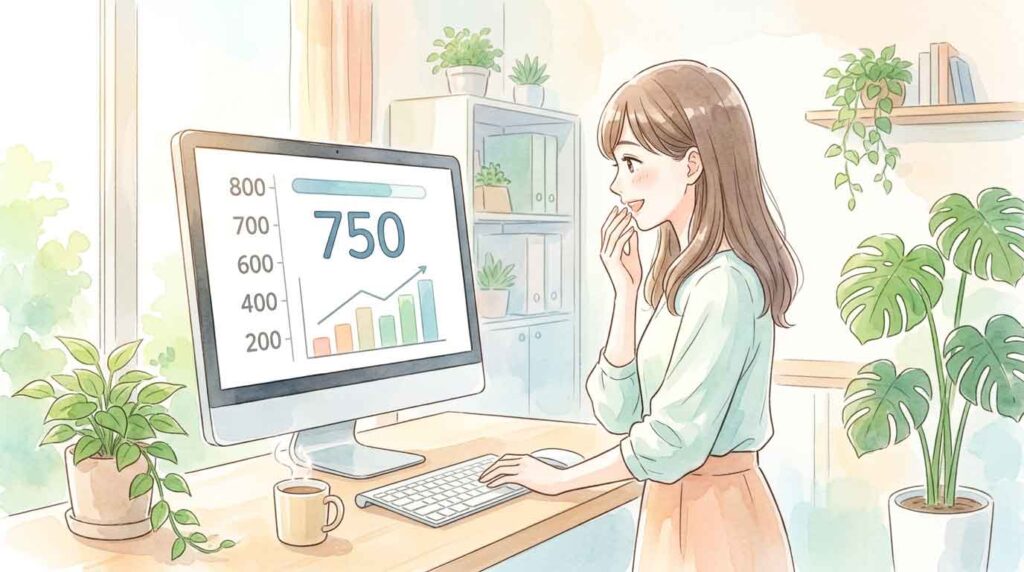 数値グラフが映るパソコン画面を見ながら驚いた表情の女性のイラスト