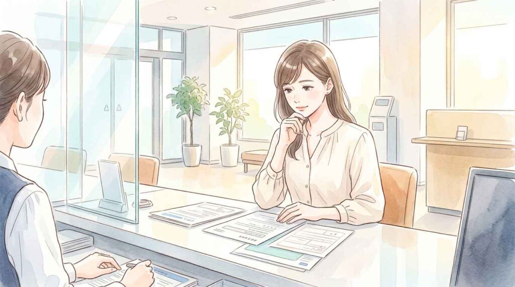 銀行のカウンターで書類を見ながら考えている女性のイラスト