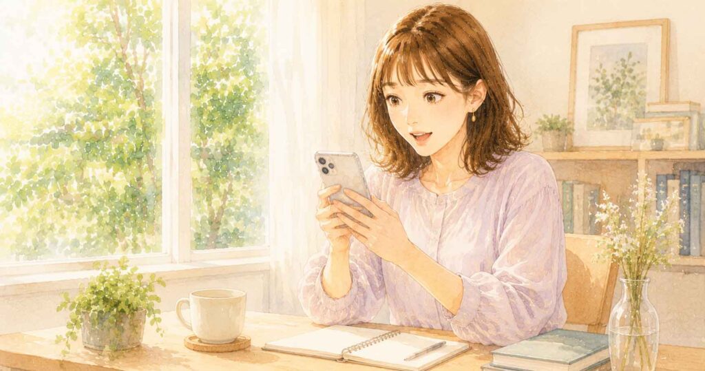 スマートフォンで自分の金融情報を確認している女性のイラスト