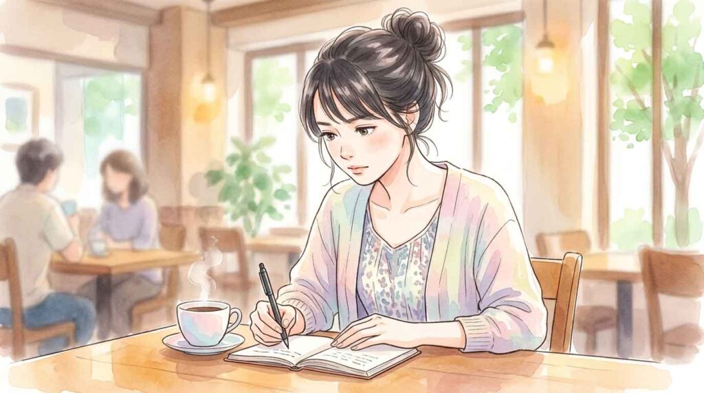 手帳にメモを取りながらよくある質問を確認している女性のイラスト