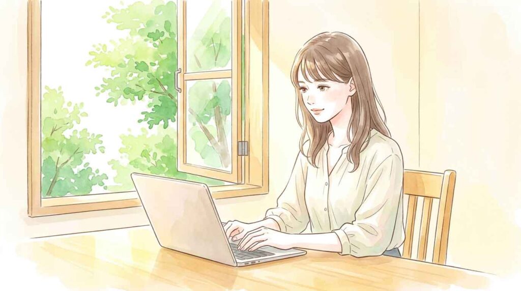ノートパソコンの前で快適そうに作業をしている女性のイラスト