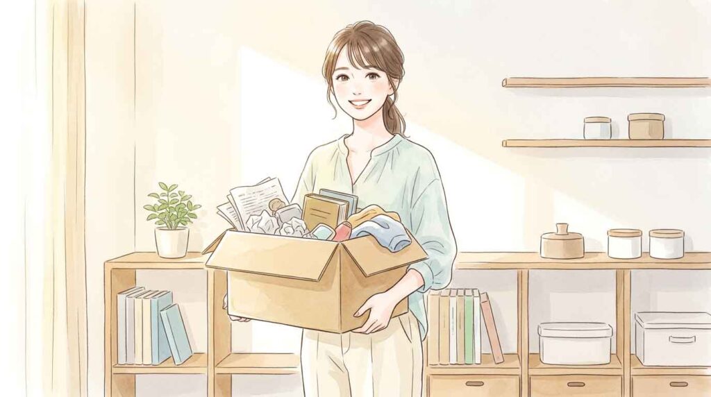 不要なアイテムを整理整頓して部屋をすっきりさせる女性のイラスト