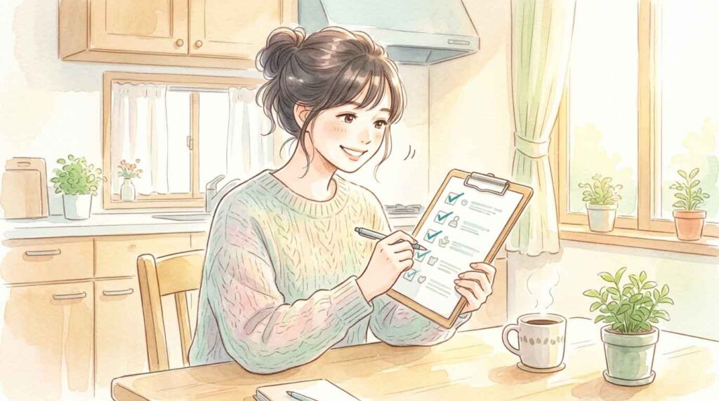 チェックリストを持って対策を確認しながらうなずく女性