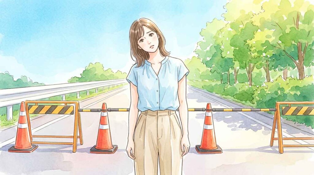 ブロックされた道路の前で困惑した表情で立つ女性のイラスト