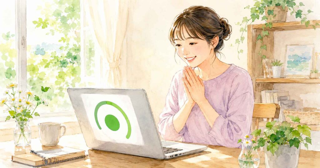 パソコンの画面でPageSpeed Insightsの緑色スコアを見て安堵する女性 title: 表示速度が緑色に合格して安堵する女性のイラスト