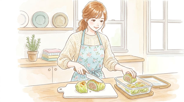 ▶ロールキャベツをカットする様子