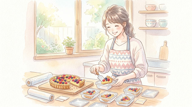 ▶ タルトを小分け保存する様子