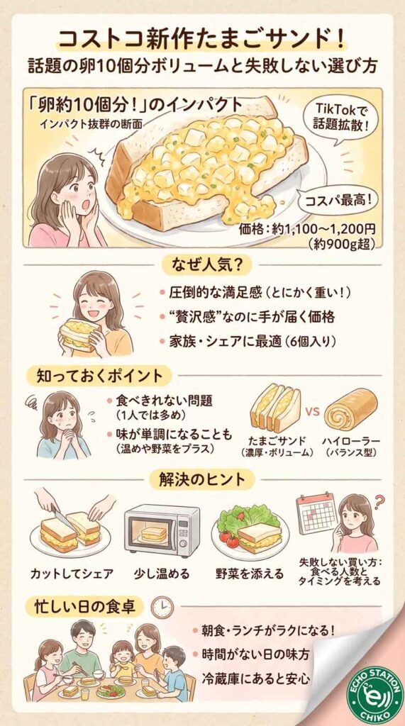 コストコ新作たまごサンドが話題！卵10個分の衝撃ボリュームと失敗しない選び方 インフォグラフ