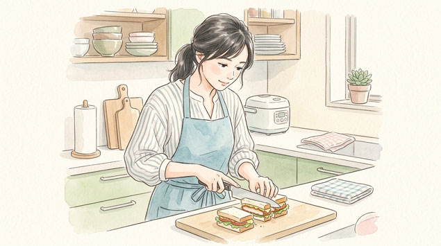▶ サンドをカットしてシェアする様子