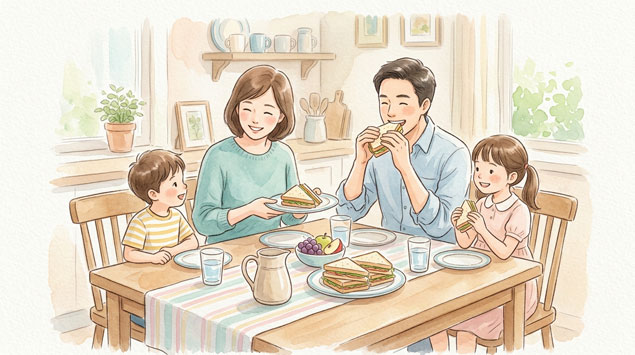 ▶ 忙しい日の食卓でサンドを囲む様子