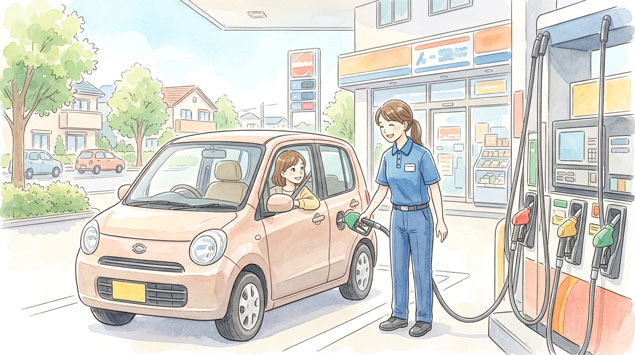 PIC4 | alt: 一般的なガソリンスタンドの看板と、スタッフが給油をサポートしている風景