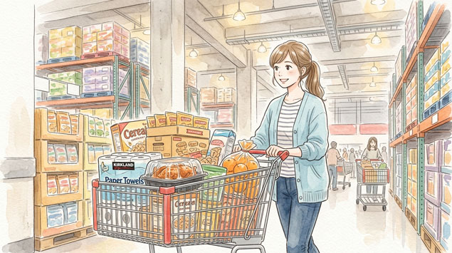 PIC2 | alt: コストコの倉庫型店舗内で大量の食料品をカートに積む買い物客