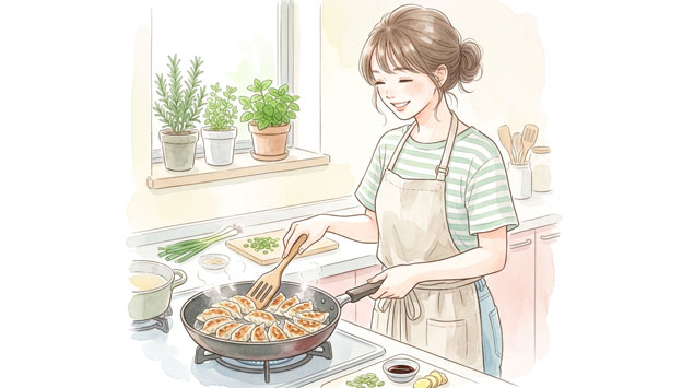 ▶餃子をきれいに焼く様子