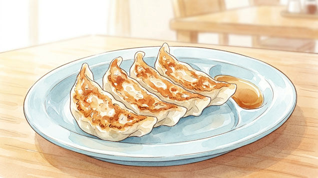 ▶焼き上がった餃子のアップ