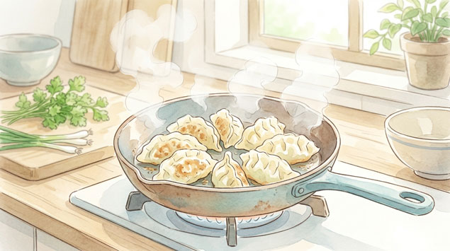 ▶フライパンで焼かれる餃子のイメージ