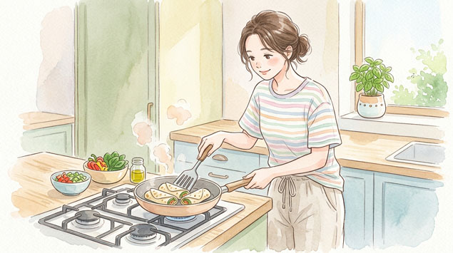 ▶ フライパンで焼く手元イメージ