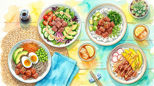 ▶ カツオポキを丼やサラダにアレンジする食卓