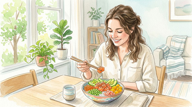 ▶ カツオポキ丼を楽しむ女性のイラスト