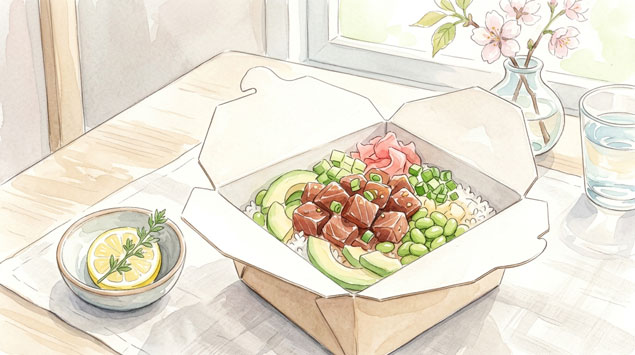 ▶ カツオポキのパックと食卓のイラスト