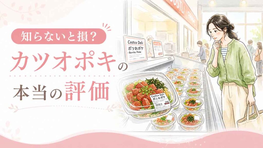 コストコのカツオポキを前に迷う30代女性のイラスト