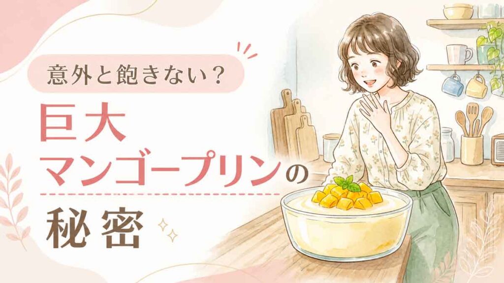 大きなマンゴーミルクプリンを見つめる女性