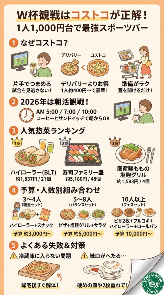 W杯観戦はコストコが正解!1人1,000円台で食卓がスポーツバーに変わる最強メシまとめインフォグラフ