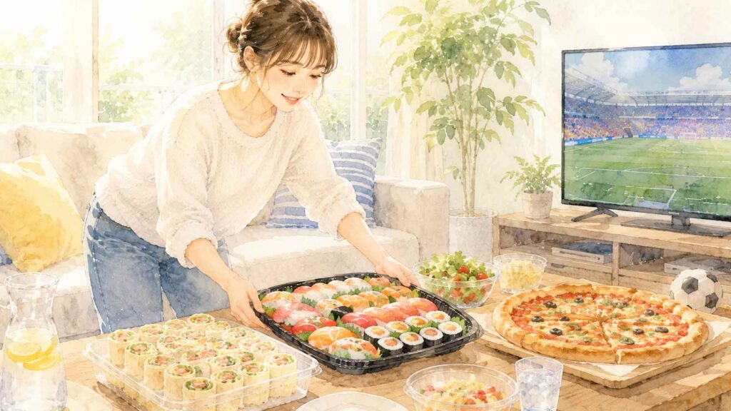 コストコの惣菜をテーブルに並べてサッカー観戦の準備をする女性のイラスト