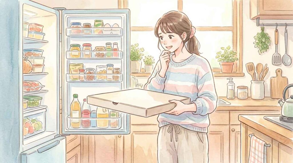 大きなコストコのピザ箱を前に困った顔をしている女性のイラスト