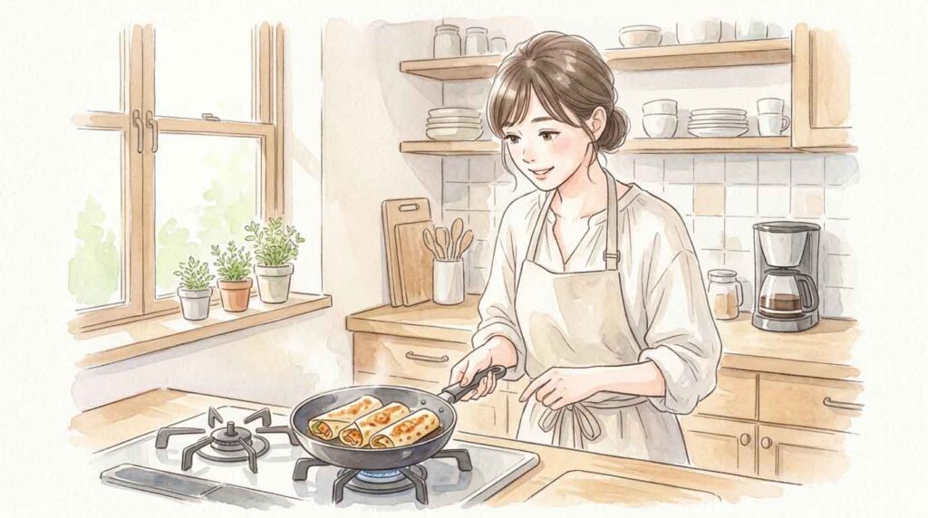 フライパンでハイローラーをこんがり焼いている女性のイラスト