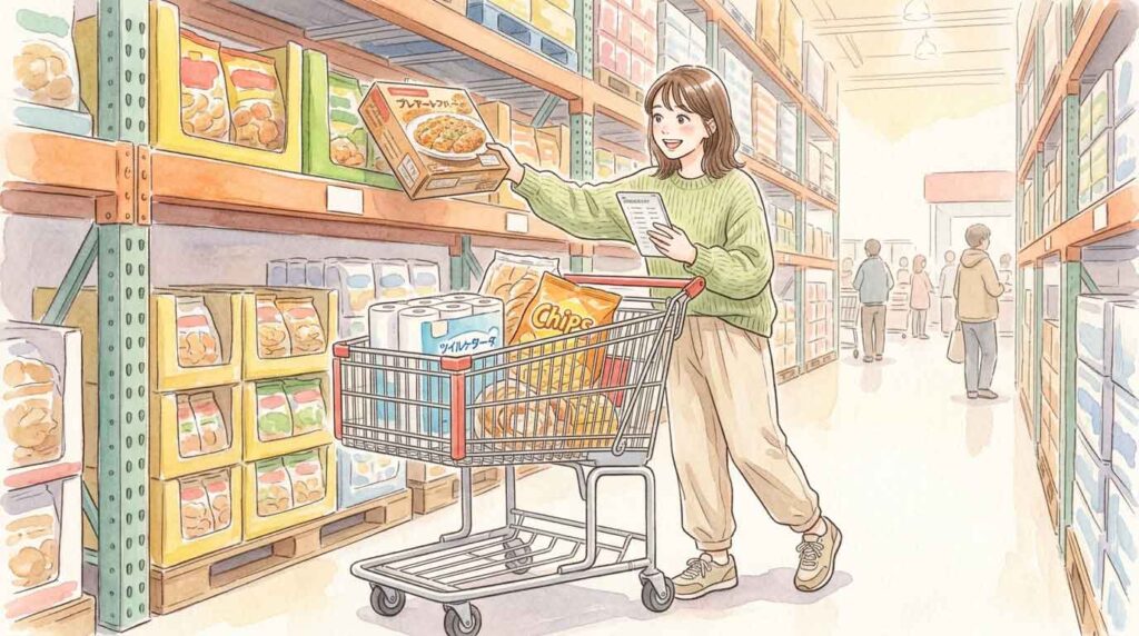 コストコで買い物カートに大量の惣菜を積んで楽しそうに選ぶ女性のイラスト