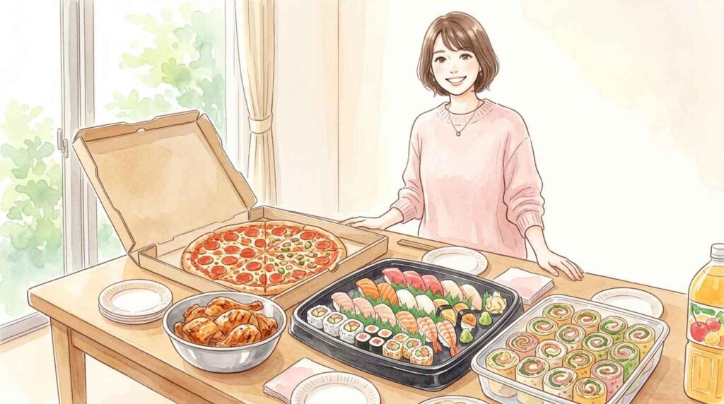 コストコのハイローラーや寿司ファミリー盛などが並ぶパーティーテーブルのイラスト