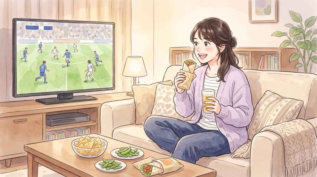 リビングのソファに座りテレビのサッカー中継を見ながらつまみを食べる女性のイラスト