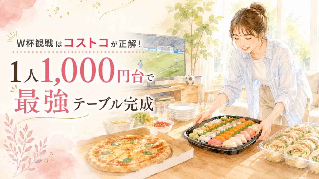 コストコの惣菜をテーブルに並べてサッカー観戦の準備をする女性のイラスト