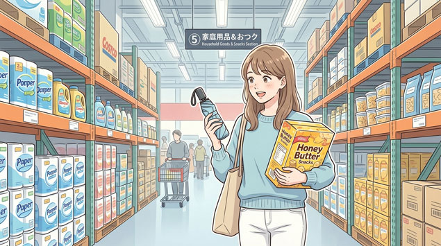 コストコの日用品コーナーで折りたたみ傘やスナック菓子を手に取る女性のイラスト