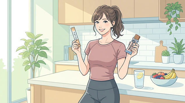  健康志向の女性がコストコのプロテインバーとコンブチャ飲料を手にするイラスト