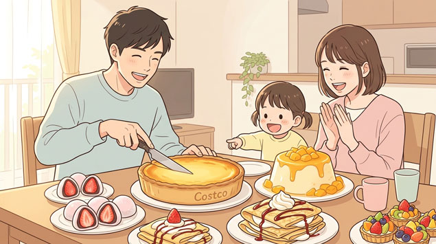 コストコの巨大スイーツが食卓に並び家族が笑顔で切り分けるイラスト