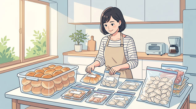 キッチンのテーブルに並んだコストコのパンや冷凍食品を小分けするイラスト