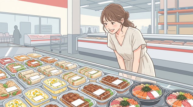 コストコのデリカコーナーに並ぶカラフルな惣菜パックを眺める女性のイラスト