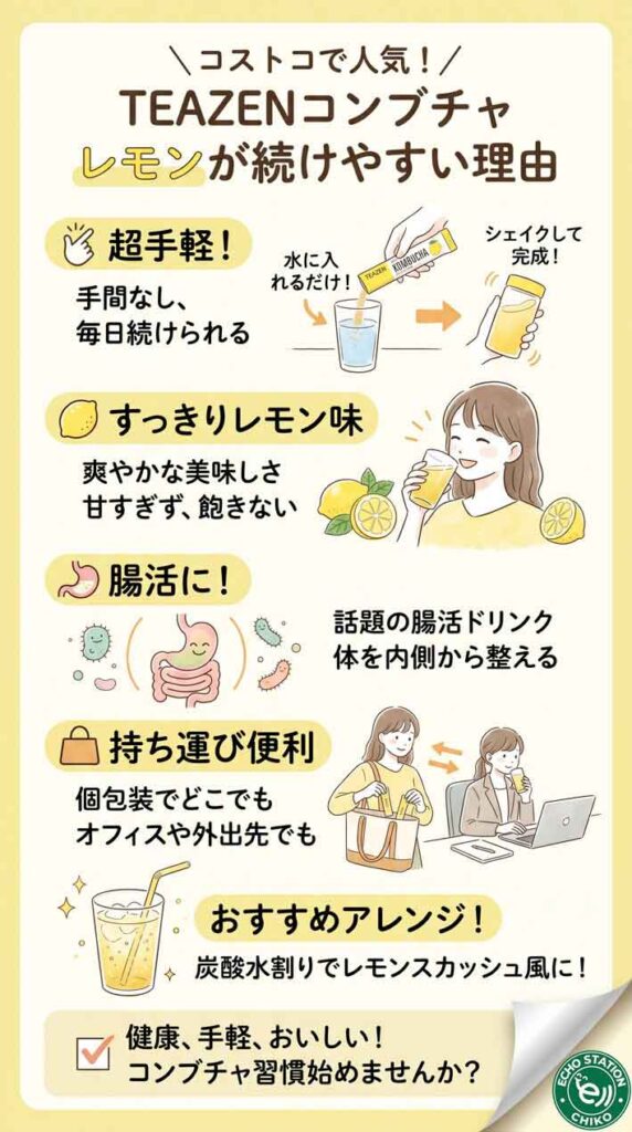 コストコのTEAZENコンブチャ レモンは本当に続けやすい？人気の理由を解説 インフォグラフ