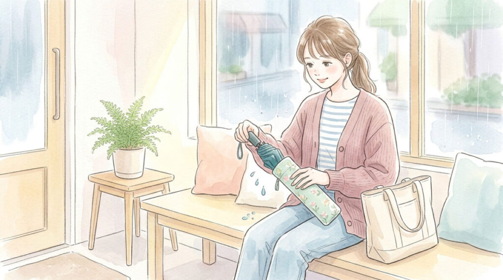 ▶ 濡れた傘をケースへ入れる様子
