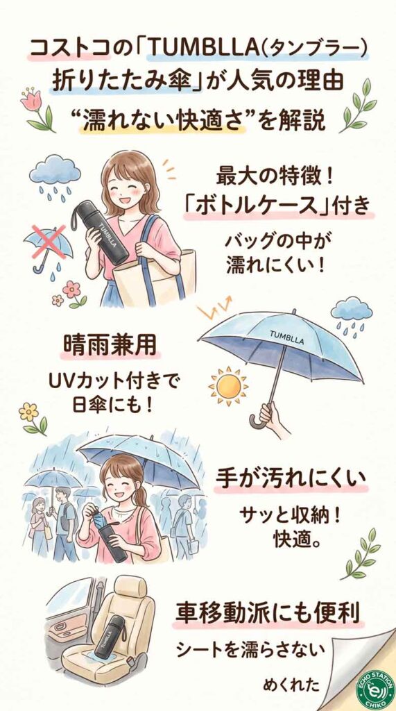 コストコのTUMBLLA折りたたみ傘が人気の理由は？“濡れない快適さ”を解説 インフォグラフ
