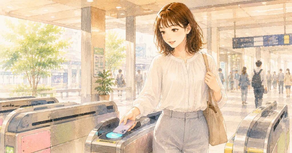 スマートフォンを改札にかざして乗車しようとしている女性のイラスト