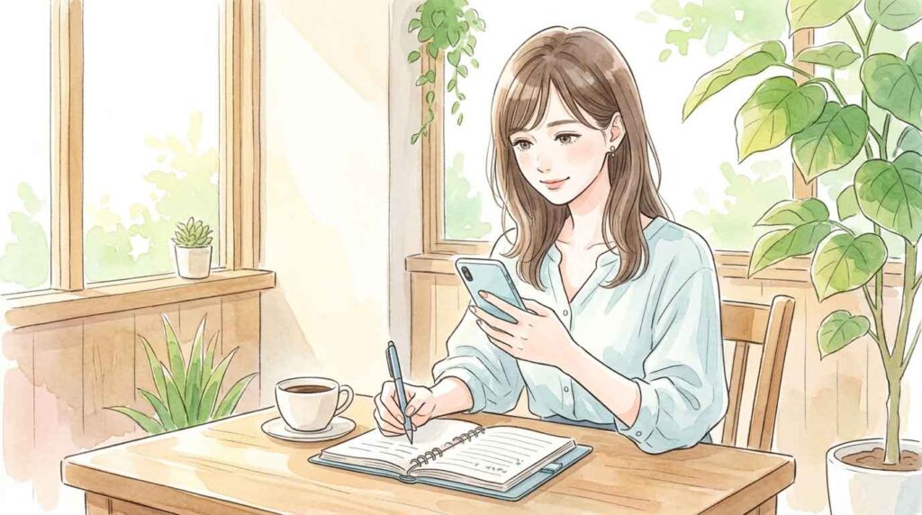 スマートフォンと交通系ICカードを両手に持って考える女性のイラスト