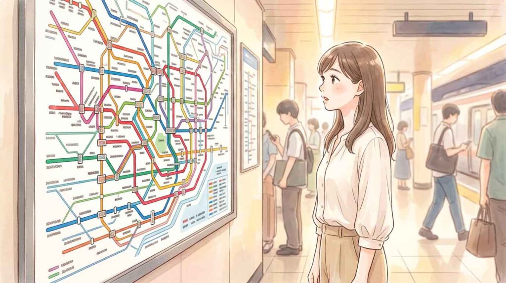 首都圏の複数の鉄道路線が交差する駅のイメージイラスト