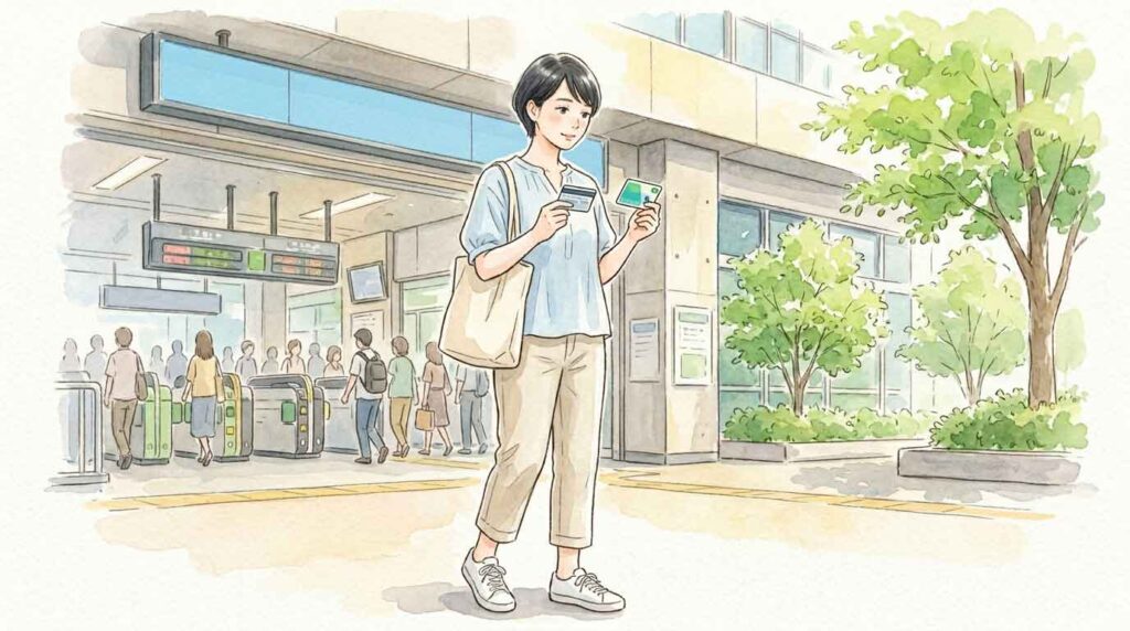 改札前で交通系ICカードとクレカを見比べている女性のイラスト