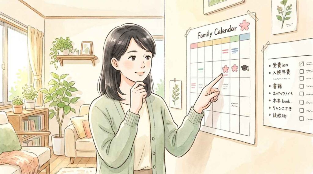 家族の予定表と学費チェックリストを見ながら準備する女性